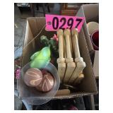 Box lot: wooden handles, artificial fruit/veg