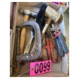 Box lot: C-clamp, mallet, wire brush, tin snips,