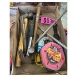 Box lot: hammers, rubber mallet, pry bars,