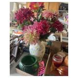 Box lot: green glass globe and artificial floral