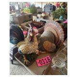 Box lot: ceramic rooster and turkey statues