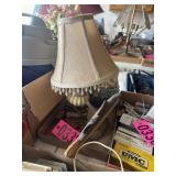 Box lot: vintage metal based fringed desk lamp,