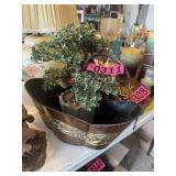 Decorative planter basket with faux bonsai tree