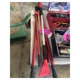 Long handled pipe cutters, ice scraper and broom