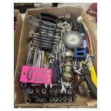 Box lot: Assorted wrenches, sockets, ball hitch