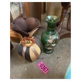 (2 pcs) Woven floor vase and floral painted glass