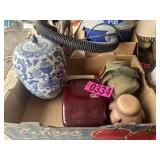 Box lot: blue floral urn, arm decanter, & other
