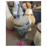 (2 pcs) Blue/green marbled ceramic lidded urn and