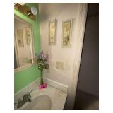 Bathroom contents: florals, framed prints, white