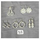 (5) silver tone earring sets with crystal