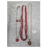 Red beaded necklace, chain necklace with red gem