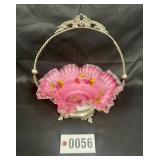 Victorian style pink satin glass brides basket w/