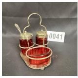 Antique red glass condiment set in silver plated