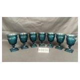 7pc blue glass pressed goblets w/ square bases