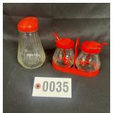 3pc Retro glass syrup & condiment set w/ red lids