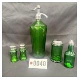 5pc Vintage green glass seltzer bottle w/