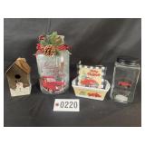Group of Christmas decor: jars, birdhouse, dish,