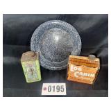 Advertising spice and syrup tins (2) & granite