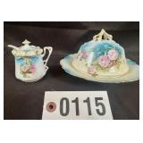RS Prussia roses butter dish w/ lid, 8" drainer