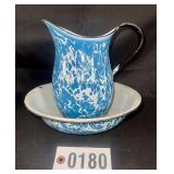Blue and white graniteware 8" pitcher and