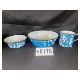 Blue and white graniteware 3 pcs - wash set; 9"