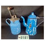 Blue and white graniteware coffee pot and small