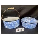 Blue and white graniteware nesting pail set with