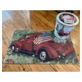 Christmas popcorn tin and entry rug