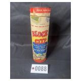 Vintage plastic block building set in cardboard
