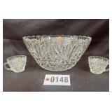Cut glass starburst punch 12" bowl & cups/mugs