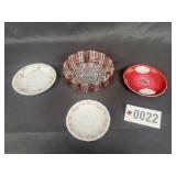 4 pc - (3) hand painted saucers & red/clear glass