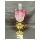 Antique Victorian pink etched glass oil lamp w/