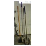 (2) Spade shovels, Scraper and a rake