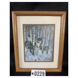 Framed wolf scene picture, 12.5" x 15.5"