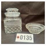 Covered pressed glass hobstar jar & small dish