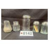 Vtg glass range shakers set, s&p & sugar w/ metal