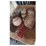 (2) baseball gloves and baseball