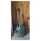 Shovel, rake and brooms