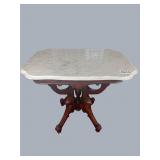Walnut carved, white marble top parlor table 3ft