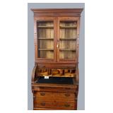 2-pc oak, glass front plantation desk with curved