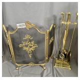 brass duck-head fireplace utensils and screen