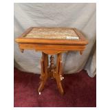 (1) brown marble top carver parlor table w/