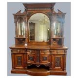 Walnut, heavy ornate, triple mirrored back,