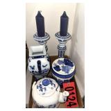 Blue & White Porcelain Teapot & Candlesticks
