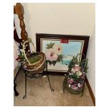 Framed White Roses Art Print & Iron Plant Stands