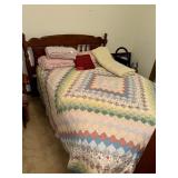 Turned-Post Wood Bed Frame & Diamond Patchwork Qui