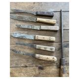 (6) butcher/Kitchen knives and one sharpener