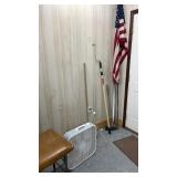 Iron stool, fan, American flag broom and