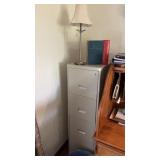 Metal file cabinet, table, lamp, desk, lamp,