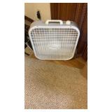 6  folding chairs and a box fan